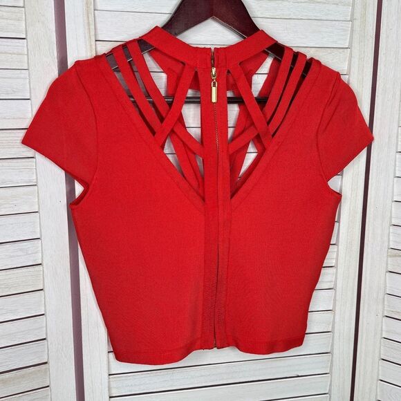 Bebe Cutouts Cage Bodycon Bandage Top Cap Sleeve Cherry Red Large - Picture 9 of 13